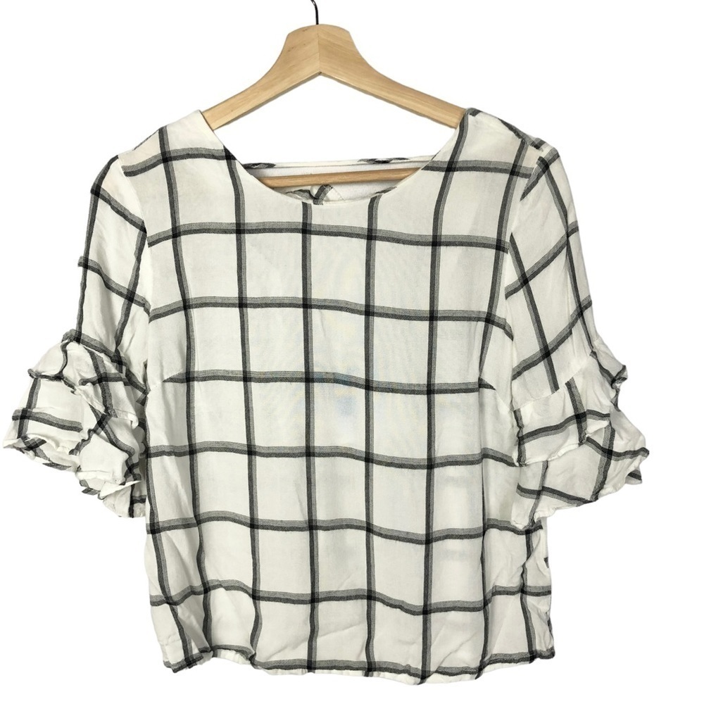 Forever 21 White Gray Windowpane Plaid Short Flutter Sleeve Blouse S